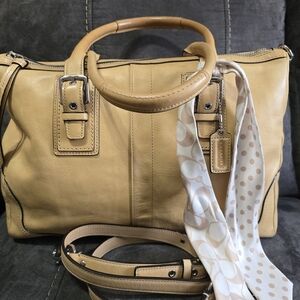 Coach Tan Leather Satchel with Polka Dot Scarf